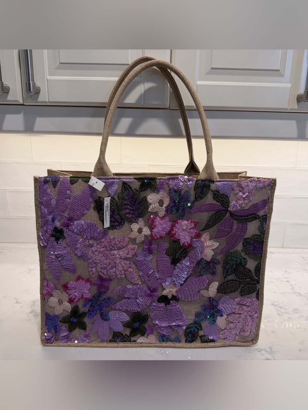 Sequin Floral Tote Bag - Purple